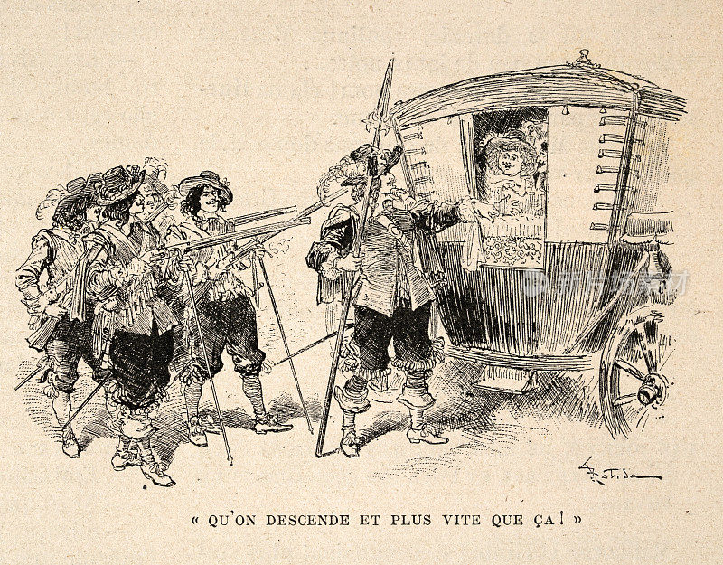 法国17世纪风格的士兵，火枪手，手持长柄武器的军官，乘坐马车的将军，军事历史