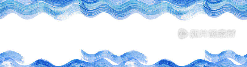 白色背景上的蓝色海浪潮汐图案孤立特写俯视，蓝绿色海水冲浪纹理，夏季假期框架边界，热带假期背景，旅游横幅设计，复制空间