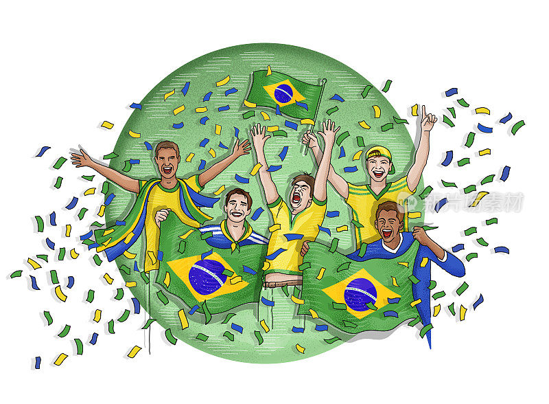 五名巴西球迷用巴西国旗庆祝