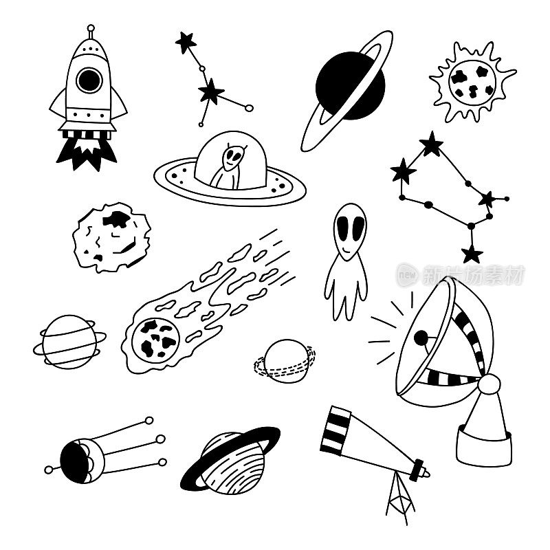 手绘空间元素的集合。矢量插图在涂鸦风格。孤立在白色背景上。外星人，恒星，火箭，行星