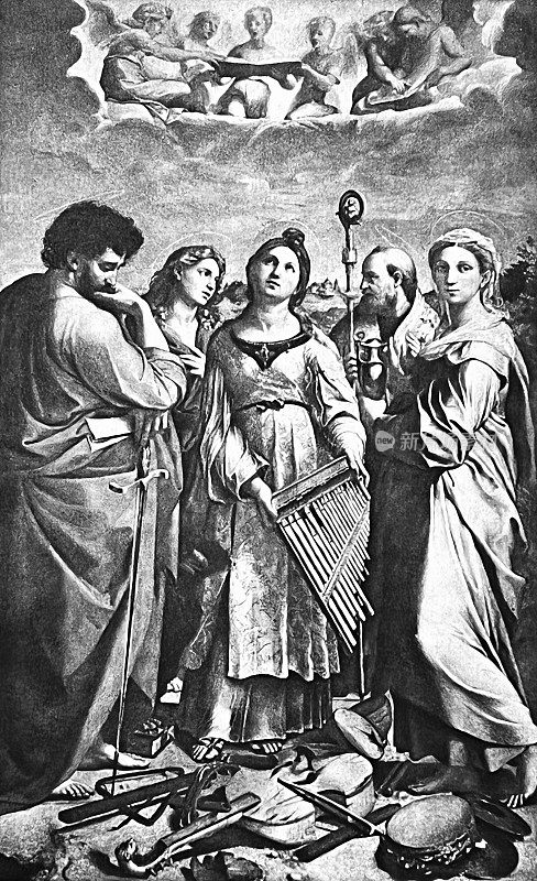 圣塞西莉亚被朋友和乐器包围着