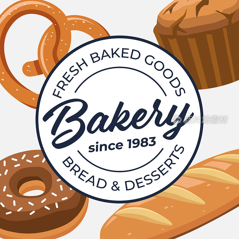 烘焙产品海报与标志类型卡通矢量插图。背景是烘焙食品。面包，甜甜圈，椒盐卷饼，松饼，糕点食品插图。面粉产品。