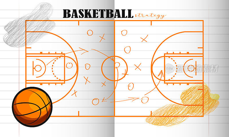 团队竞赛，运动和胜利的概念在扁平化的风格。写在笔记本上的篮球比赛策略。