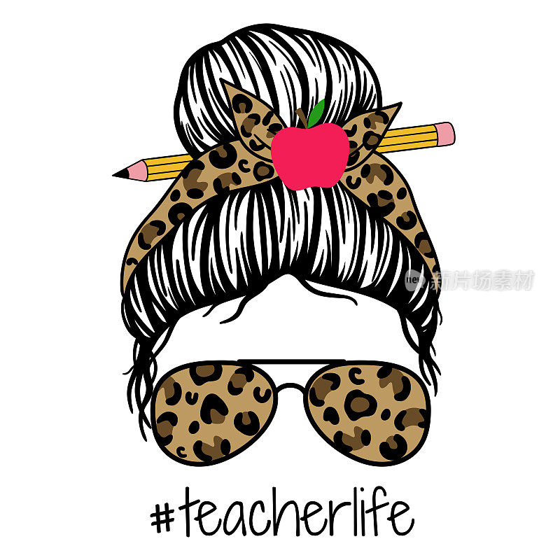 老师的生活。女性的脸戴着眼镜，手帕和豹纹。适合制作教师节的海报、t恤和明信片。