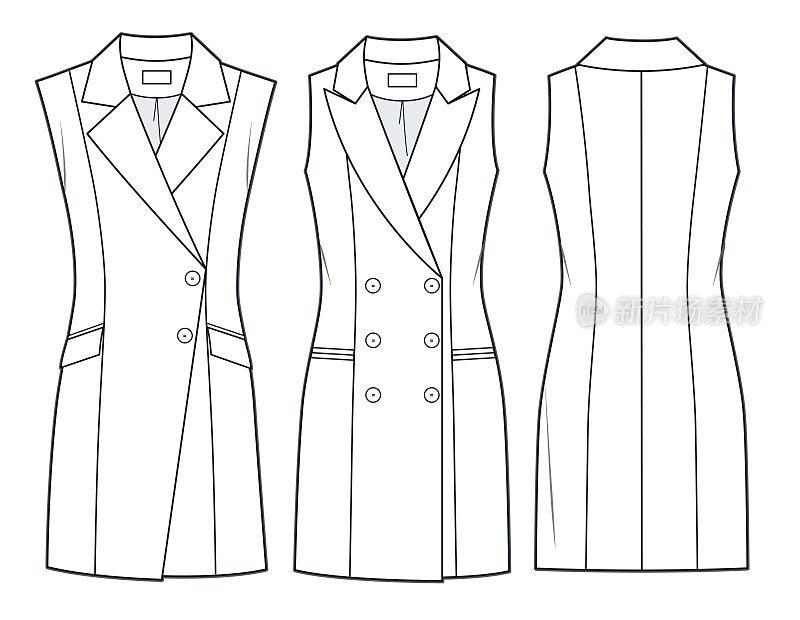 女性裹身裙技术时尚插图。双排扣迷你裙时装平面模板，修身，无袖，前后视图，白色，女性，CAD模型设置。
