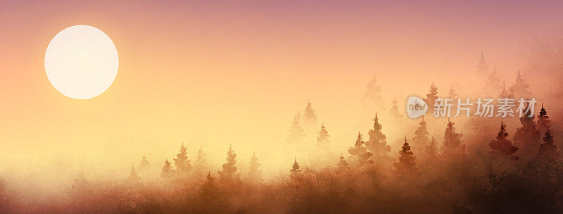 雾蒙蒙的森林山景。传统的东方水墨画苏墨、墨仙、墨花。