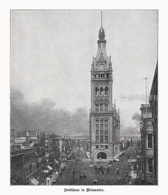 美国威斯康辛州密尔沃基市政厅，半色调印刷，1899年出版