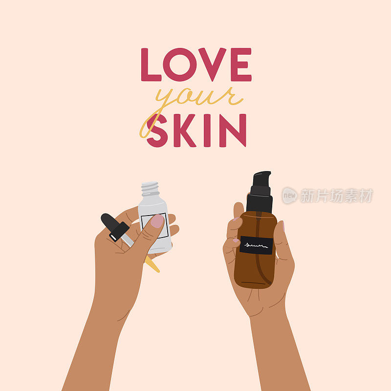 女性手握有机化妆品在玻璃瓶，罐护肤与刻字。爱你的皮肤。洁面乳、爽肤水、精华液、乳霜产品。手绘矢量图