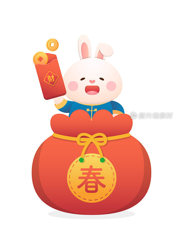 可爱的兔子人物或吉祥物用鞭炮过年，兔年，矢量卡通风格，中文译名:祝福