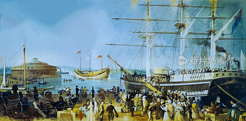 纽约市，炮台和城堡花园在左边，Vorl?ufer冯埃利斯岛