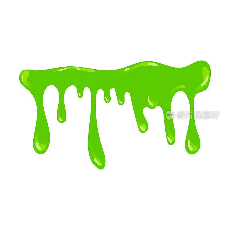 绿色危险粘液飞溅和斑点。粘性粘液飞溅或滴粘性液体的矢量图。卡通黏滴孤立在白色