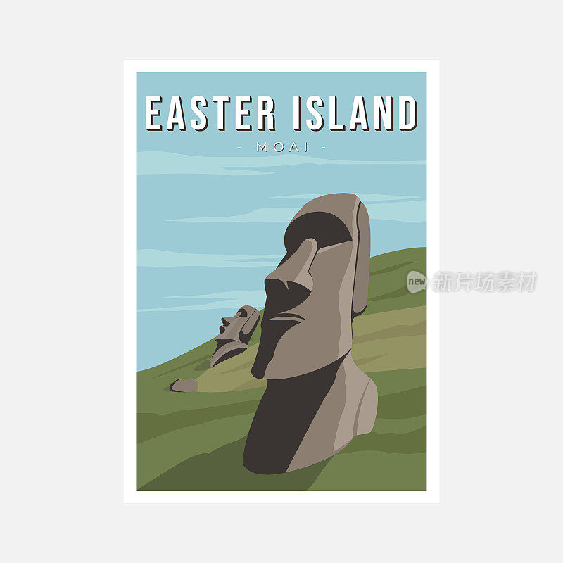摩埃矢量海报，太平洋复活节岛上的石头巨石雕像。