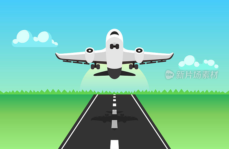 飞机在空中，跑道和起飞飞机。用于旅行的横幅或传单。向量。