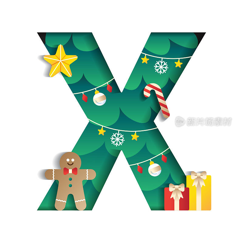 字母X字母字体可爱快乐圣诞概念星姜饼人拐杖糖果礼物圣诞树字符字体圣诞元素卡通绿色3D纸层切割卡片矢量插图