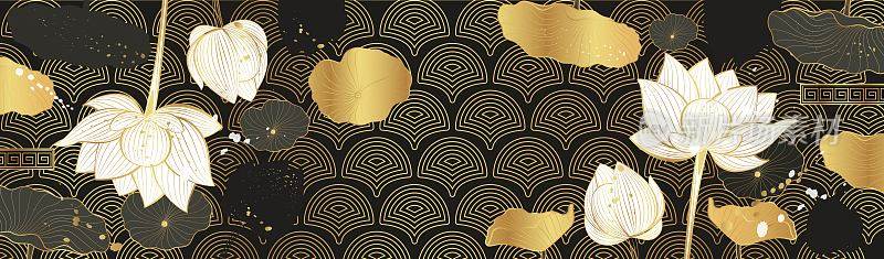 矢量海报与金色的花朵和荷叶在黑色的背景。线条艺术风格。日本海报。