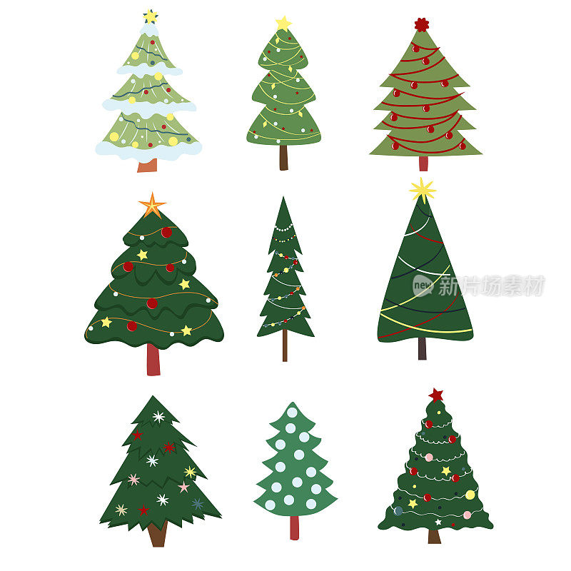 套矢量圣诞树，优雅的节日树，新年的装饰