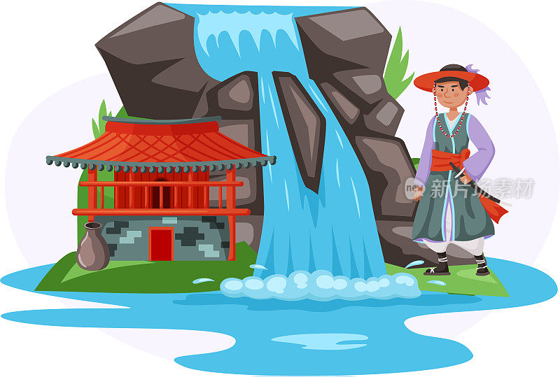 亚洲传统风格的寺庙，穿着民族服装的男子站在瀑布旁边