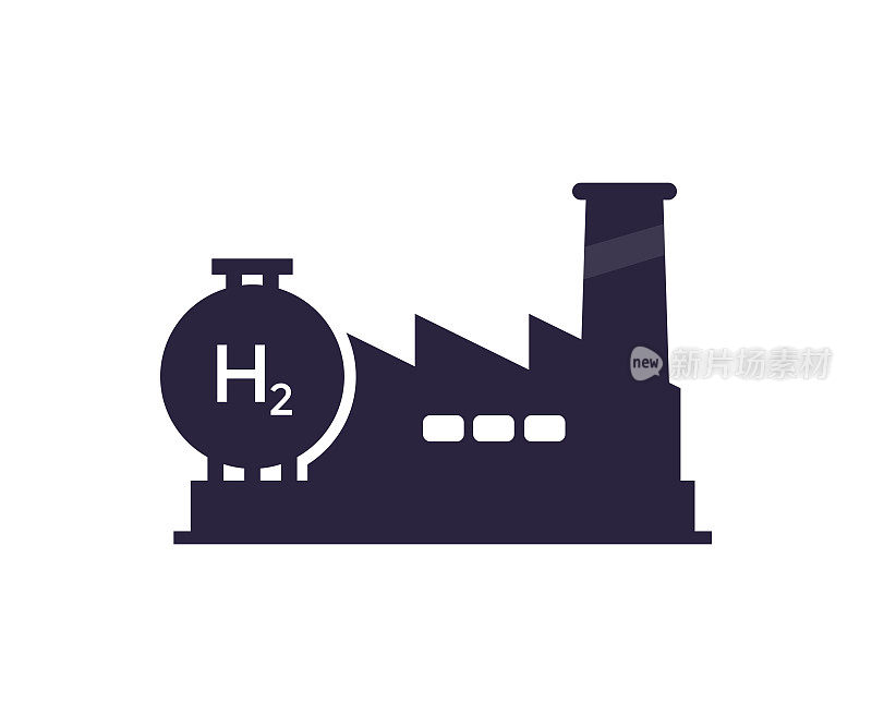 能源生产和重工业。化工厂剪影。具有现代化储氢和H2氢的工业生产线。替代能源矢量设计和说明。