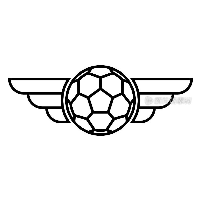 有翅膀的足球偶像。平面风格设计。球的概念。矢量插图。