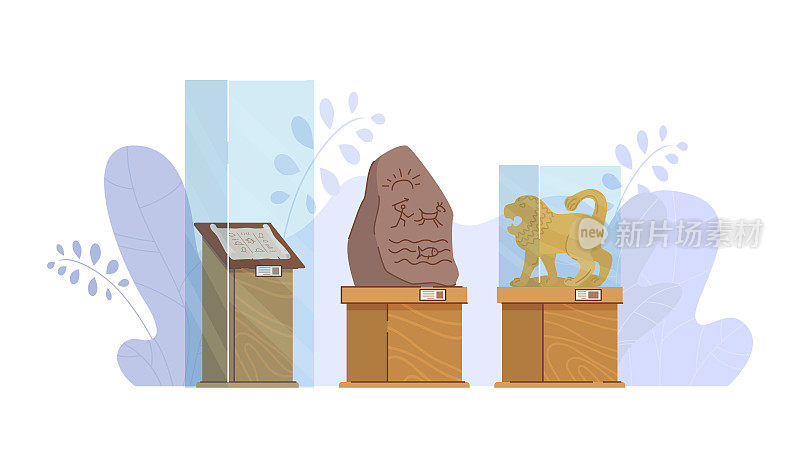 博物馆展品材料，玻璃保护盒站立历史古代展品孤立在白色，平面矢量插图。
