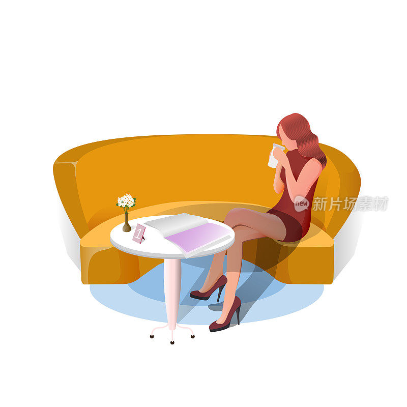 一名女子坐在咖啡馆桌子旁的红色沙发上。矢量插图。卡通女性放松在咖啡馆的沙发上拿着咖啡平面插画。休闲女孩在自助餐厅享受休息