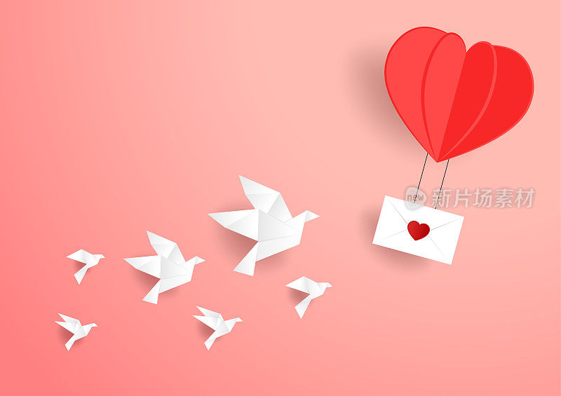 情人节的海报设计。情人节插图。心脏气球3d向量。纸风格逼真的情人节卡片设计。纸鸟