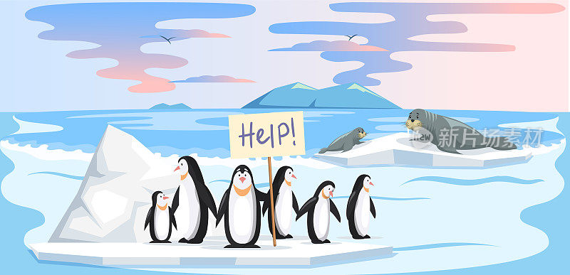在全球变暖、冰川融化期间，可爱的企鹅和海象在浮冰上寻求帮助