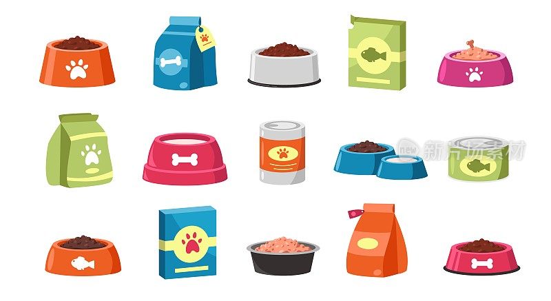 猫粮和狗粮。家用家畜饲料容器包装，卡通碗带干湿餐，宠物营养概念。矢量彩色集