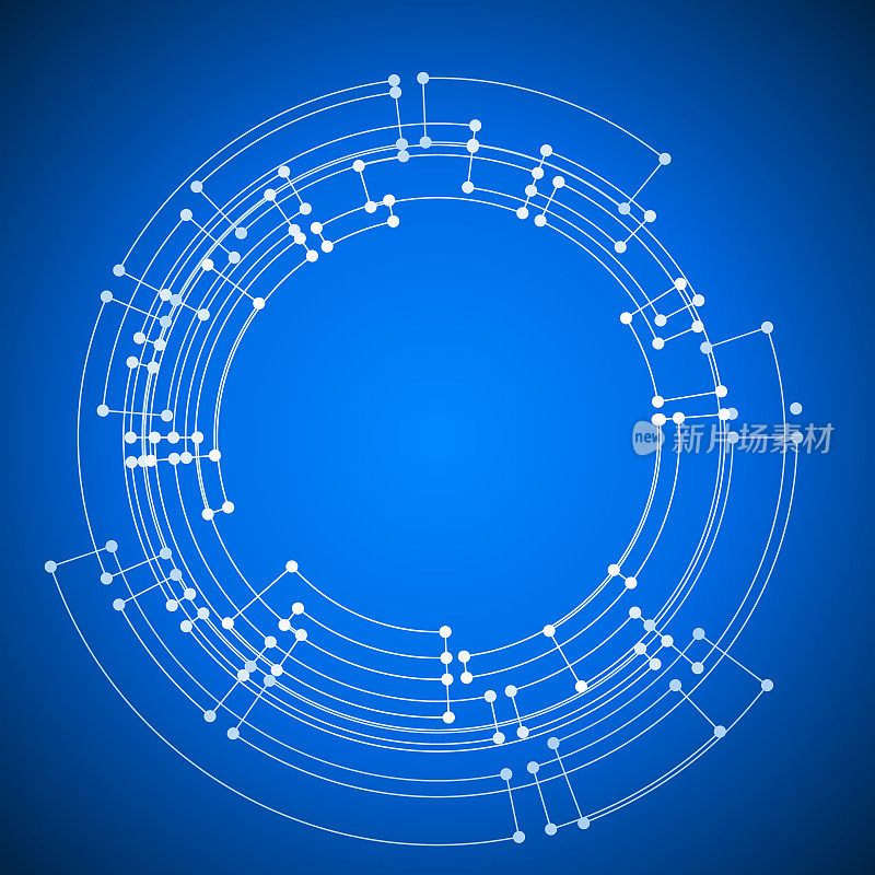 蓝图风格的抽象圆形电子背景图案。发光的连接点。