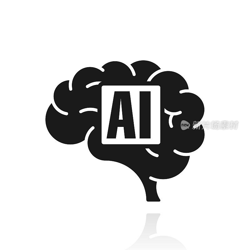 人脑与人工智能AI。白色背景上反射的图标