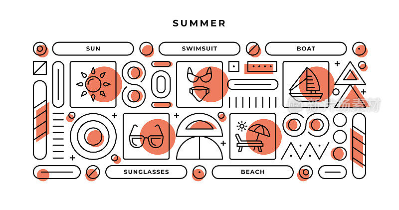 夏季信息图表概念与几何形状和太阳，泳装，船，太阳镜线图标