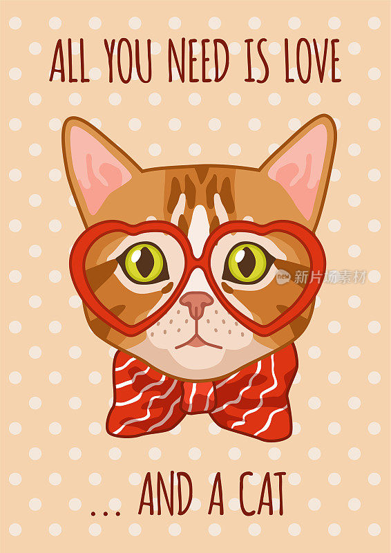 猫卡。有趣的短语，可爱的小猫在眼镜，动物时尚的肖像和字母，喵喵海报或打印t恤或笔记本，漫画可爱的宠物，矢量卡通平面插图