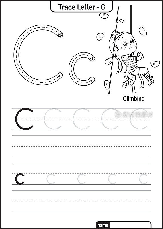 字母跟踪字母A到Z学龄前工作表与字母C攀登亲矢量