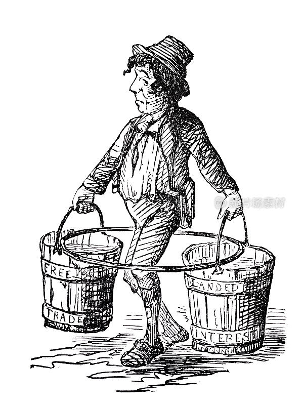 一个男人拿着两个水桶和一个铁环走在白底上