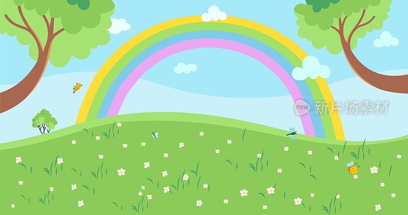 卡通草地景观有绿树、彩虹、云和甘菊花。小可爱的昆虫在森林中飞行，蜜蜂和蝴蝶，矢量背景