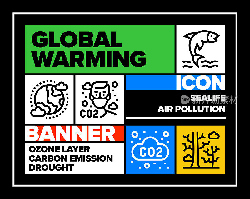 全球变暖线图标集和横幅设计