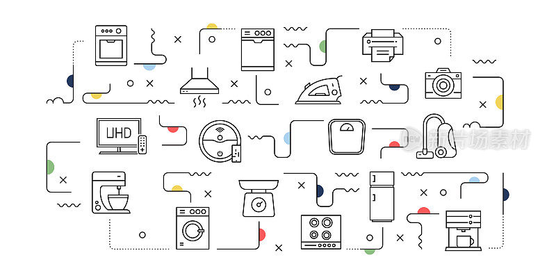 家用电器相关的矢量横幅设计概念，现代线条风格与图标