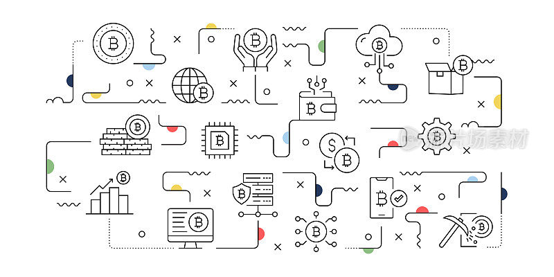 加密货币相关矢量横幅设计概念，现代线条风格与图标
