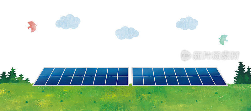 太阳能电池板和草地景观
