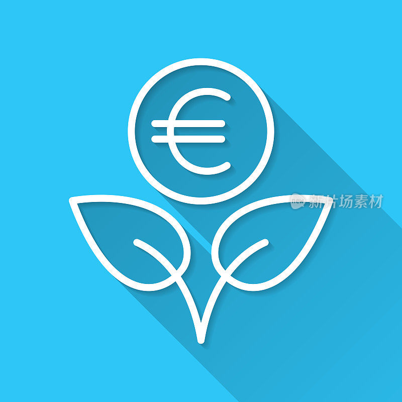 日益增长的欧元。图标在蓝色背景-平面设计与长阴影