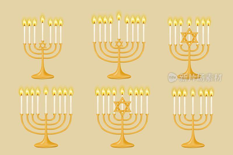 米色背景上的七根和九根蜡烛的金哈努克家烛台。烛台和蜡烛。非常适合你的假日设计。矢量插图。