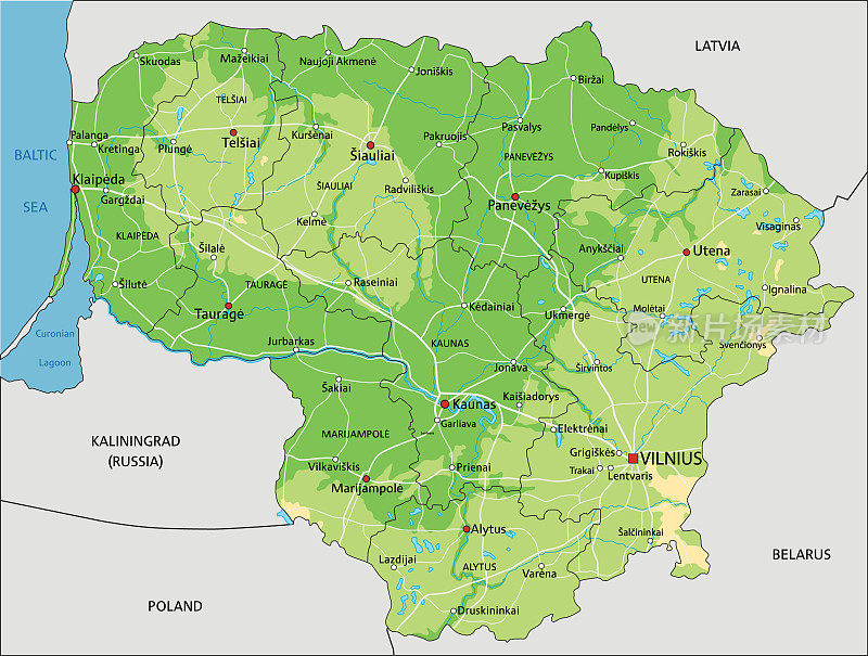 高度详细的立陶宛物理地图与标签。