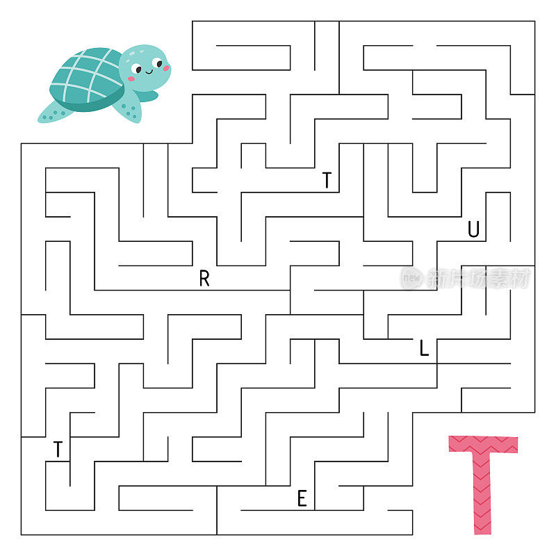 学习字母。ABC迷宫游戏。儿童益智游戏。帮助乌龟找到找到字母T的正确方法。