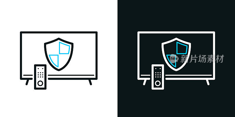 带护罩的电视。黑色或白色背景上的双色线条图标-可编辑笔触