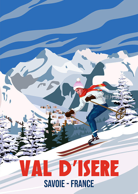 旅游海报滑雪谷伊泽尔度假村复古。法国冬季风景旅游卡