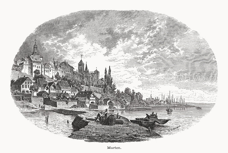 Murten的历史观(Morat)，瑞士，木版雕刻，1877年出版