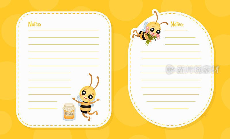笔记页与可爱的蜜蜂昆虫与罐子和花朵矢量模板