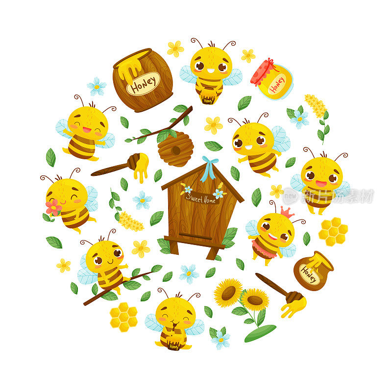 可爱的蜜蜂圆形组成与繁忙的昆虫和天然甜食矢量模板