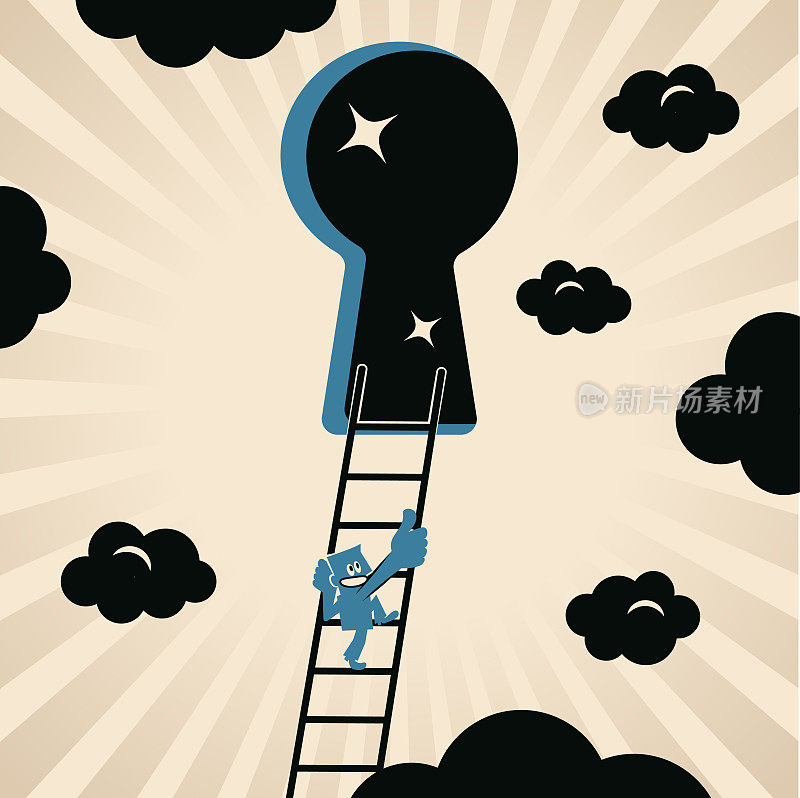 一个正在攀登成功阶梯的商人,准备穿过锁眼,寻找更大的机会