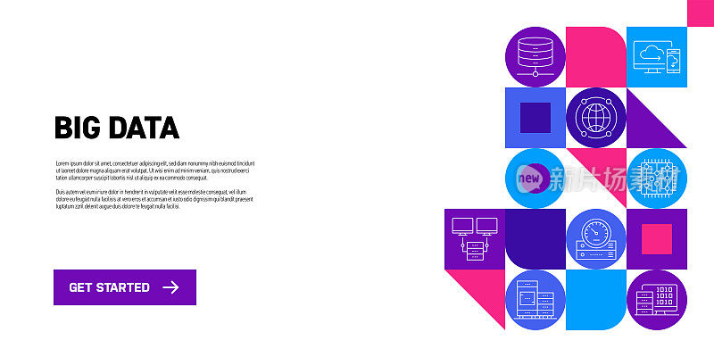 大数据相关的网络横幅矢量与线图标。数据管理，未来，计算机网络，客户行为，b区块链。